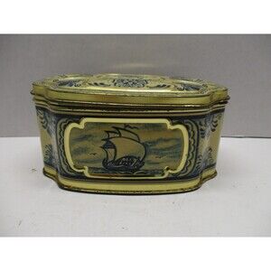 Vtg Delft Tin Candy Box Delft Blue And White Dutch Oval West Germany